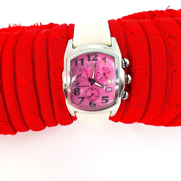 Invicta Ladies Lupah Chronograph Watch Pink Face White Leather Band - Picture 1 of 5